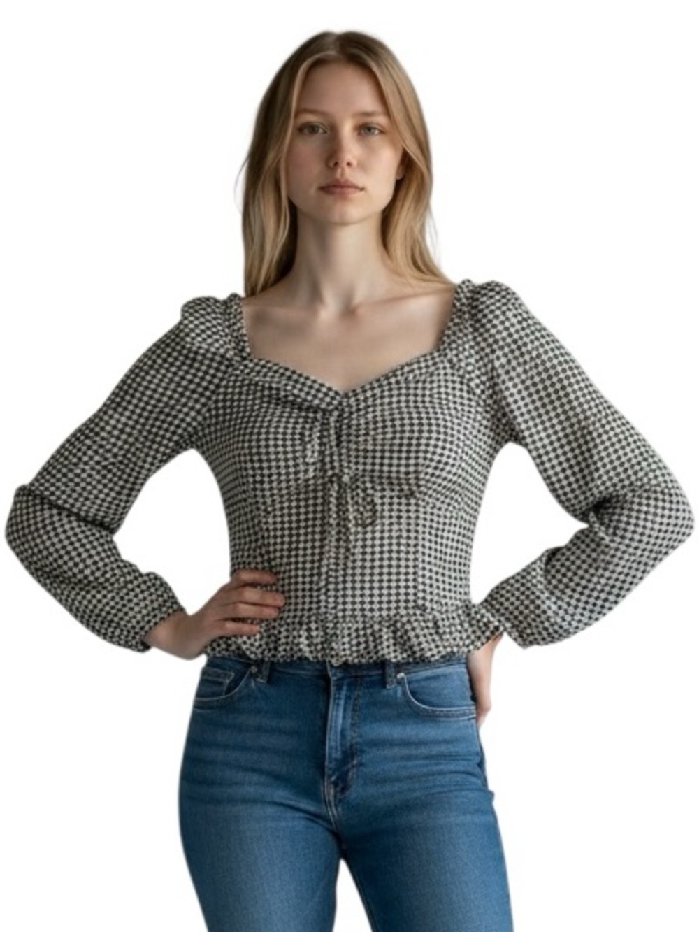 Japna Houndstooth Cropped Long Sleeve Blouse